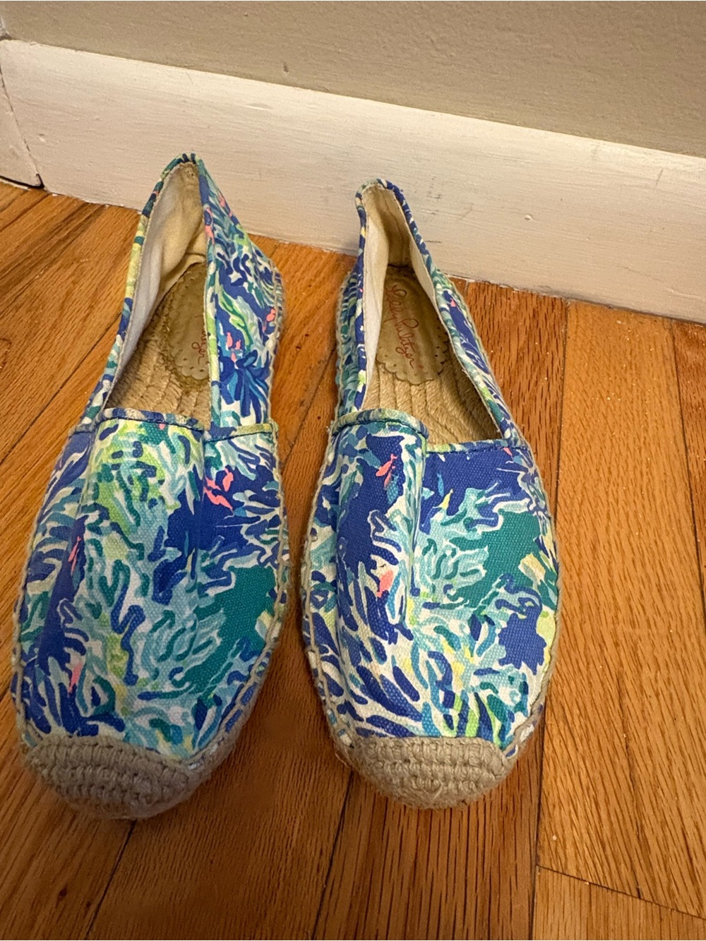 Lilly Pulitzer Blue and Aqua Floral Espadrille Slip-Ons